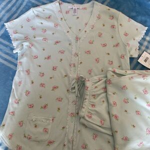 Carole Hochman Sleep 2pc Set Cotton Blend Knit Light Green Floral Sz S
